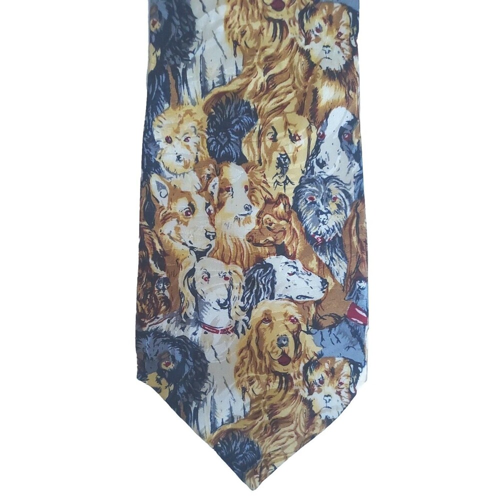 Museum Artifacts 100% Silk Gray Bk Tan Brown Assorted Breeds Canines Dogs Tie